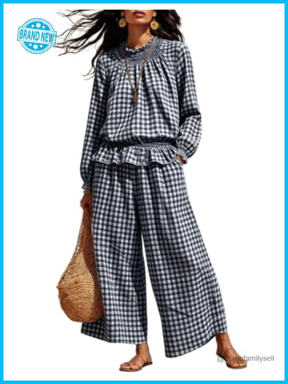 Womens 2 Piece Gingham Cotton Long Sleeve Top Wide Leg Pants Lounge Set
